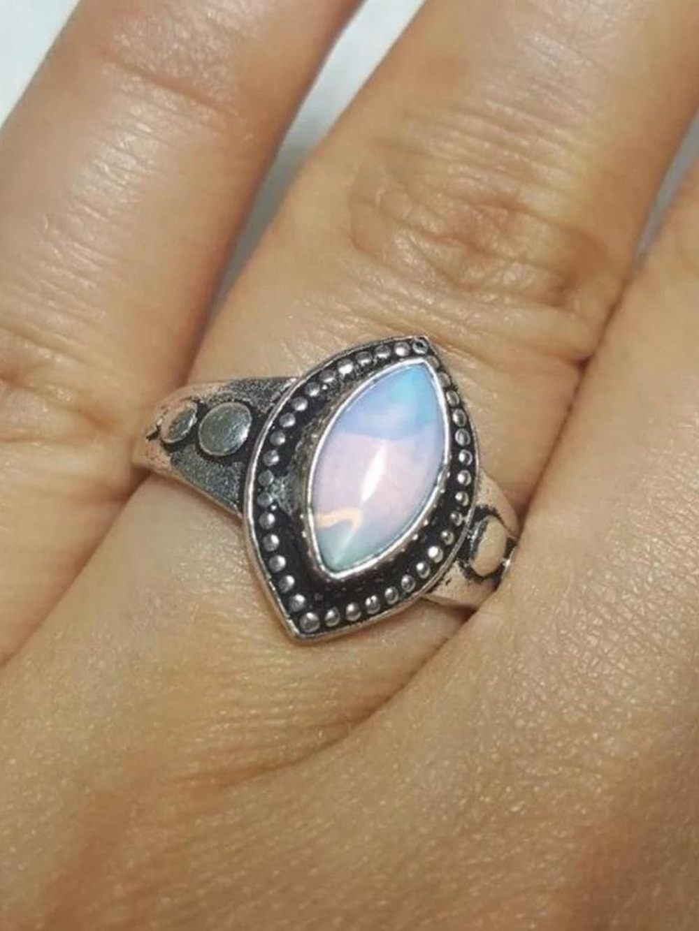 925 Silver Marquise Opalite Inspired Statement Ring - Pink/Blue Iridescent